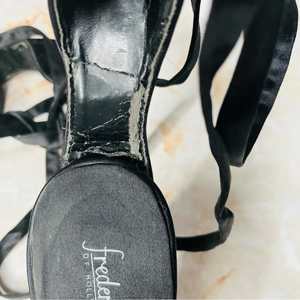FREDERICKS OF HOLLYWOOD HEELS BLACK SUEDE, TIE UP ANKLE, CLOSED TOE HEELS 9
